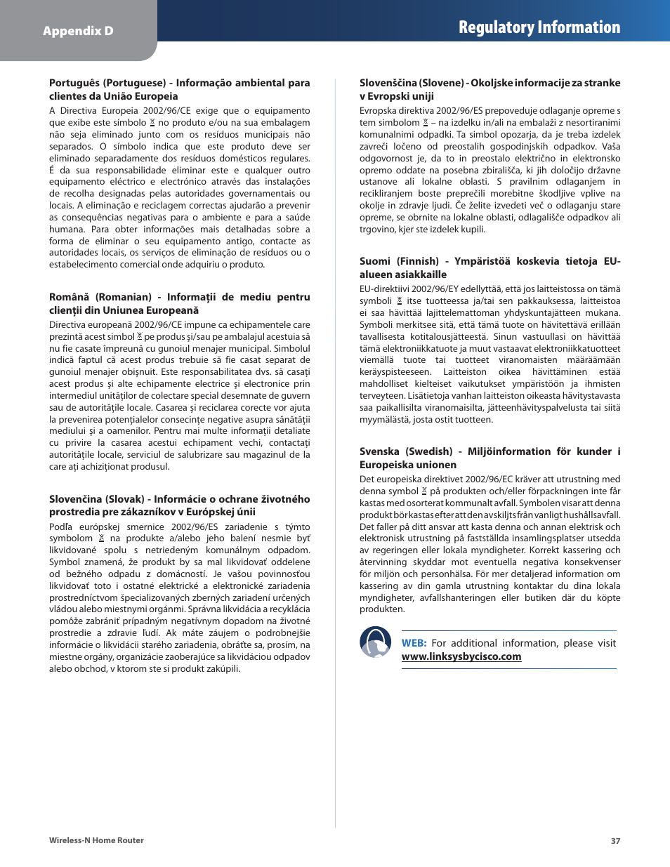 Regulatory information | Linksys WRT120N User Manual | Page 41 / 55