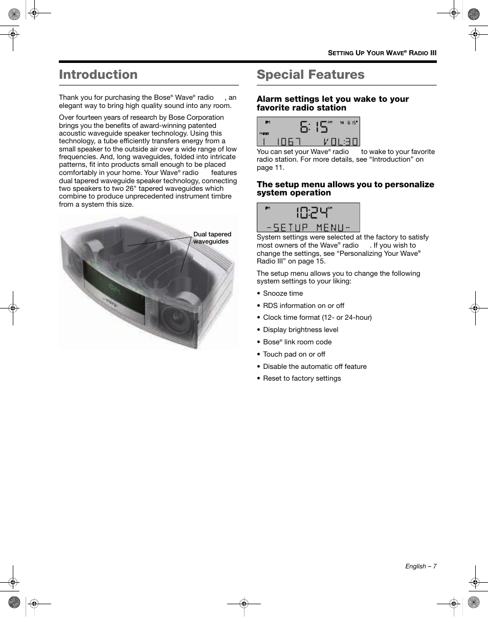 Introduction, Special features | Bose Wave Radio III User Manual | Page 7 / 24