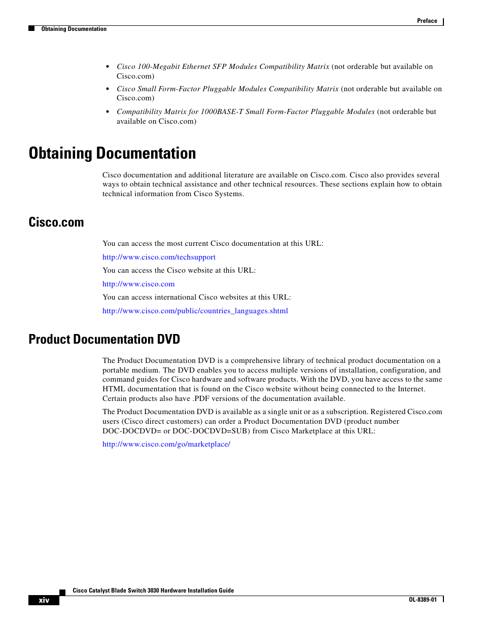 Obtaining documentation, Cisco.com, Product documentation dvd | Cisco 3030 User Manual | Page 14 / 72