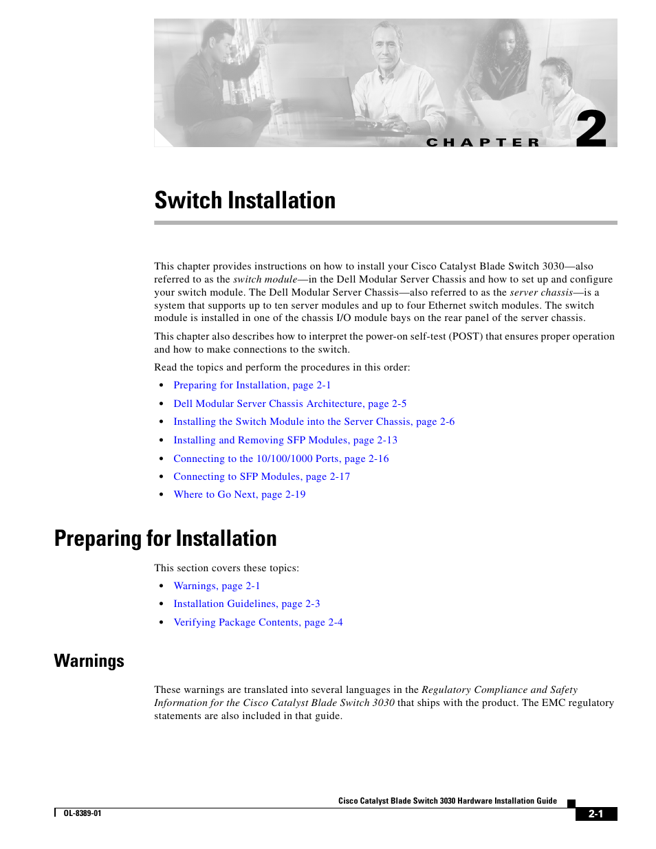 Switch installation, Preparing for installation, Warnings | C h a p t e r, Chapter 2, “switch installation | Cisco 3030 User Manual | Page 29 / 72