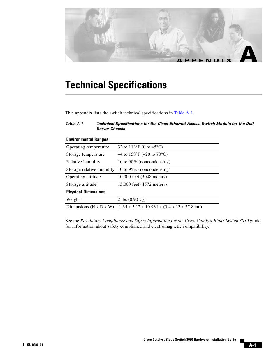 Technical specifications, A p p e n d i x, Appendix a, “technical specifications | Cisco 3030 User Manual | Page 55 / 72