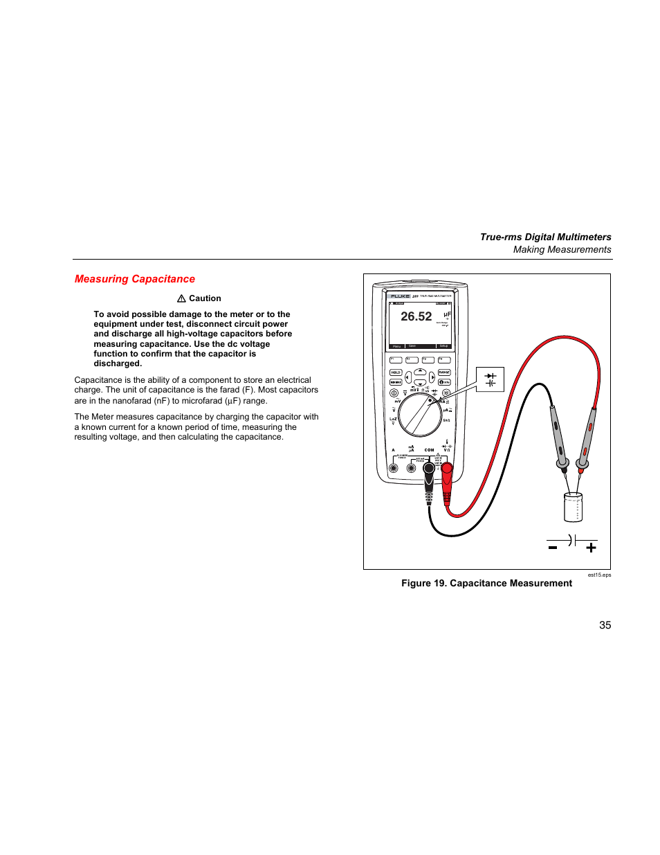 Measuring capacitance, 35 measuring capacitance, True-rms digital multimeters making measurements | Figure 19. capacitance measurement | Fluke 289 User Manual | Page 45 / 88
