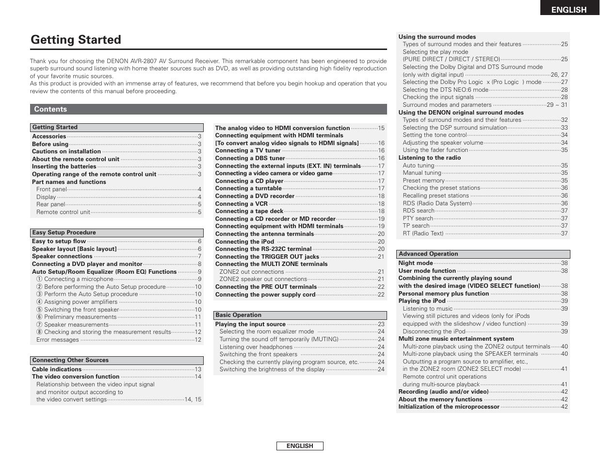 English, Getting started | Denon AVR-2807 User Manual | Page 5 / 88