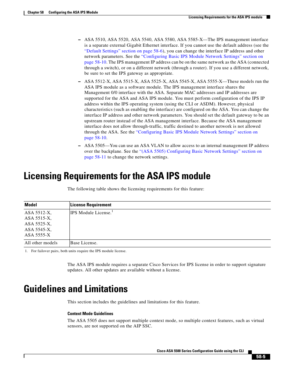 Licensing requirements for the asa ips module, Guidelines and limitations | Cisco ASA 5505 User Manual | Page 1225 / 1994