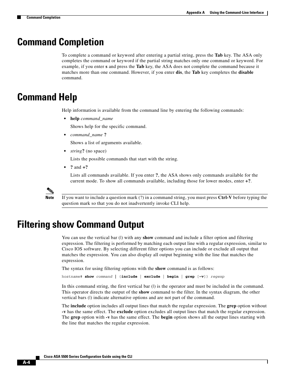 Command completion, Command help, Filtering show command output | Cisco ASA 5505 User Manual | Page 1878 / 1994