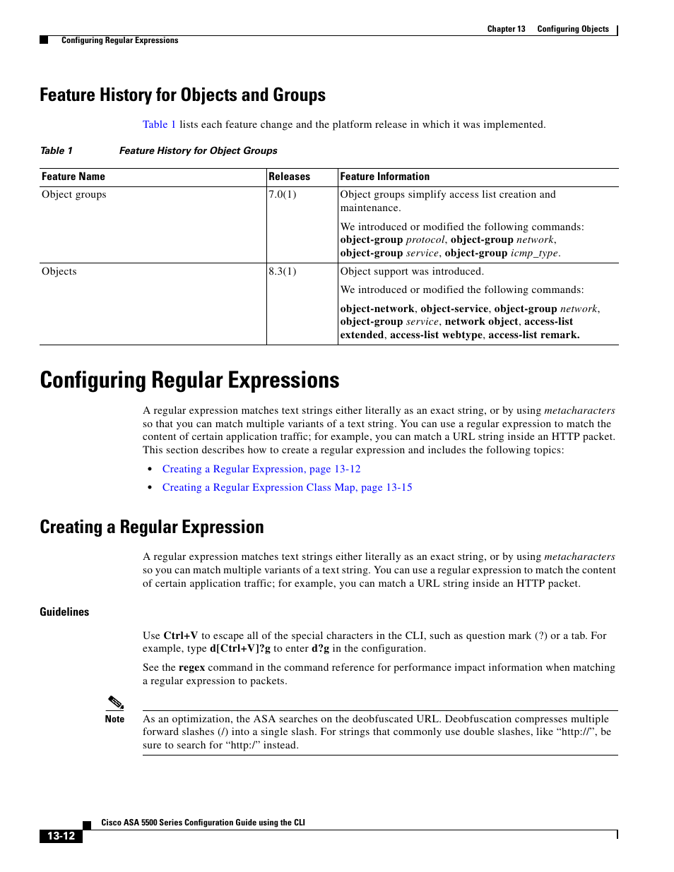 Feature history for objects and groups, Configuring regular expressions, Creating a regular expression | Cisco ASA 5505 User Manual | Page 374 / 1994