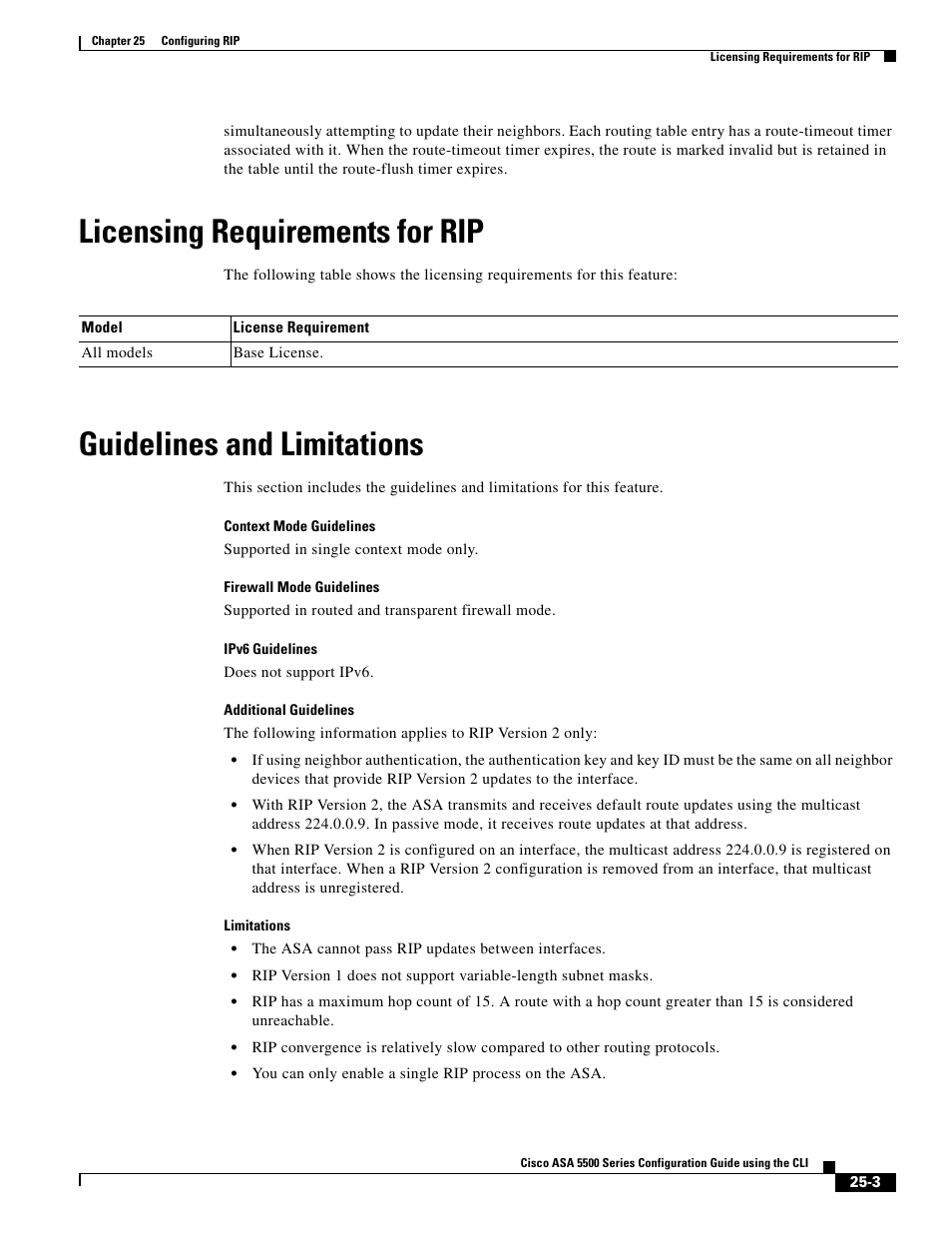 Licensing requirements for rip, Guidelines and limitations | Cisco ASA 5505 User Manual | Page 483 / 1994