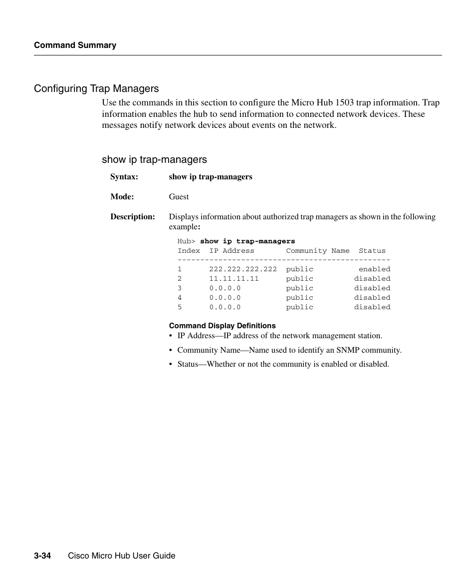 Configuring trap managers, Show ip trap-managers | Cisco 1503 User Manual | Page 34 / 48