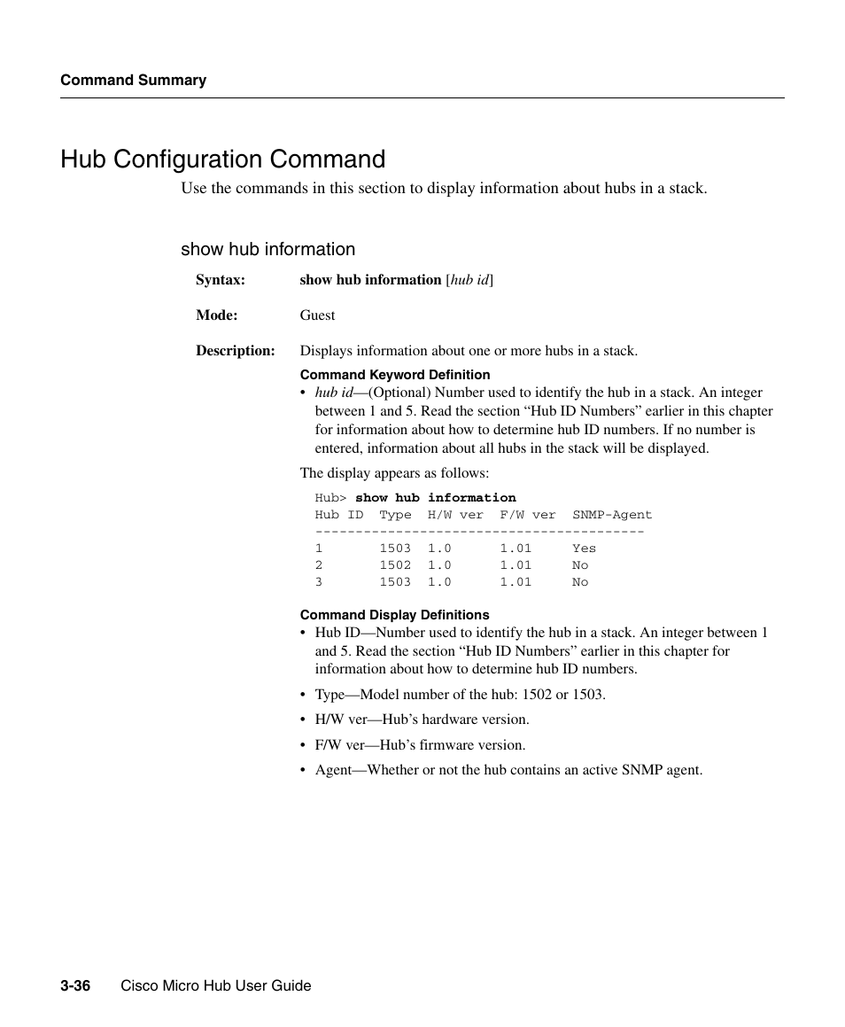 Hub configuration command, Show hub information | Cisco 1503 User Manual | Page 36 / 48