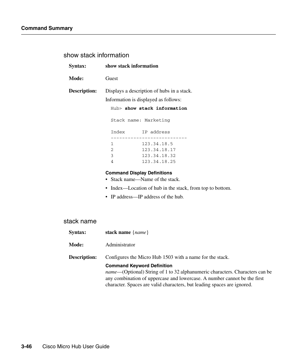 Show stack information stack name | Cisco 1503 User Manual | Page 46 / 48