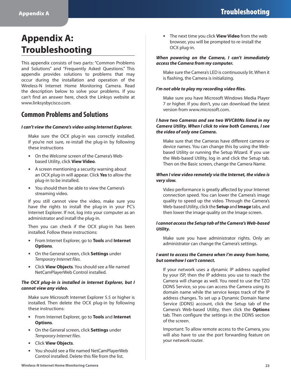 Appendix a: troubleshooting, Common problems and solutions, Troubleshooting | Cisco WVC80N User Manual | Page 24 / 66