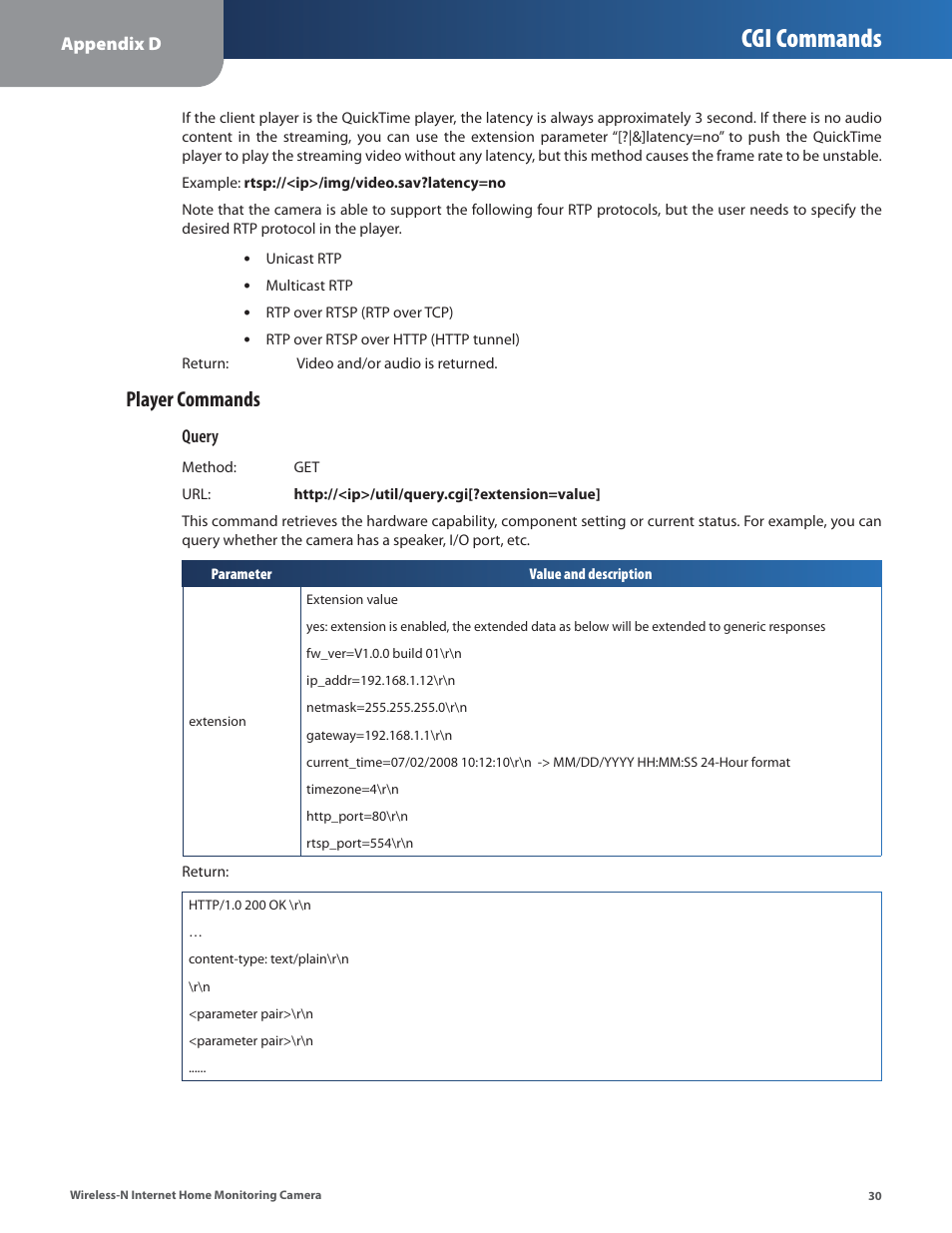 Cgi commands, Player commands | Cisco WVC80N User Manual | Page 31 / 66