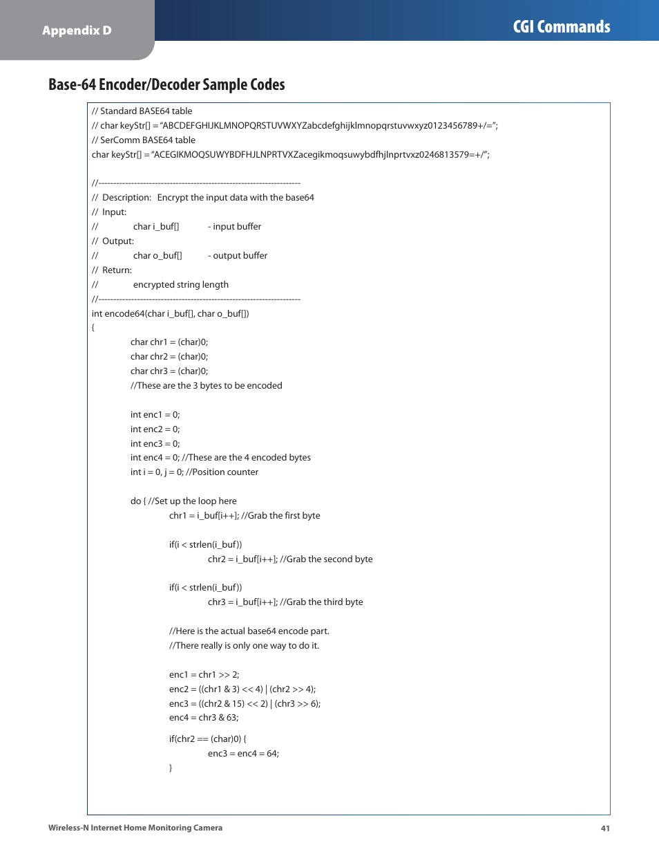 Base-64 encoder/decoder sample codes, Cgi commands, Appendix d | Cisco WVC80N User Manual | Page 42 / 66