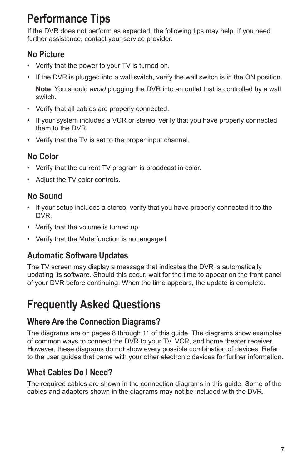Performance tips, Frequently asked questions, No picture | No color, No sound, Automatic software updates, Where are the connection diagrams, What cables do i need | Cisco Explorer 8300 User Manual | Page 13 / 20