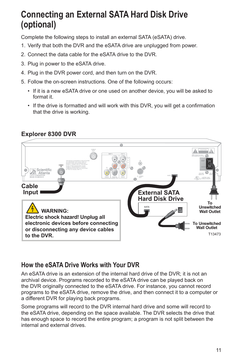 How the esata drive works with your dvr, Explorer 8300 dvr, Cable input | External sata hard disk drive | Cisco Explorer 8300 User Manual | Page 17 / 20
