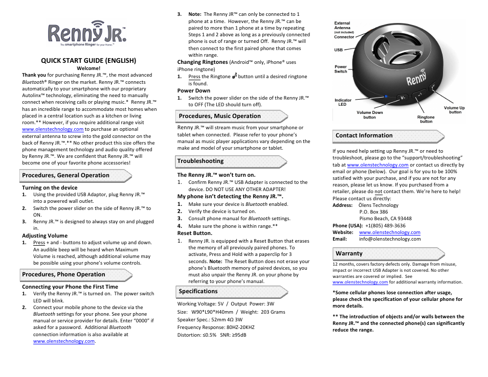 Ölens Technology Renny JR User Manual | 6 pages
