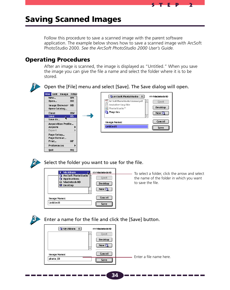 Saving scanned images, P. 34, Operating procedures | Canon N650U User Manual | Page 34 / 67