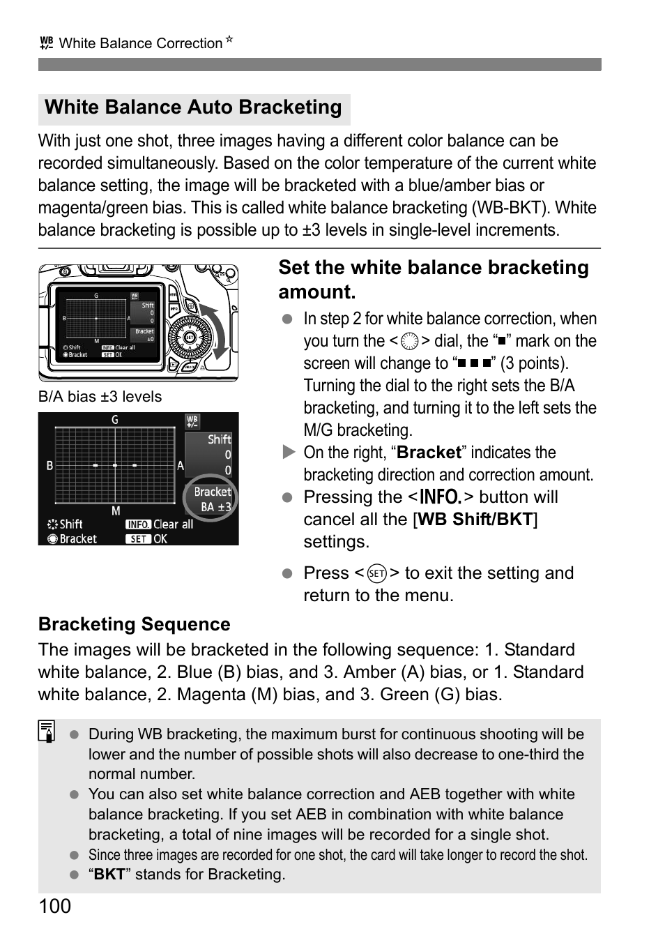 Set the white balance bracketing amount, White balance auto bracketing | Canon EOS 60D User Manual | Page 100 / 320