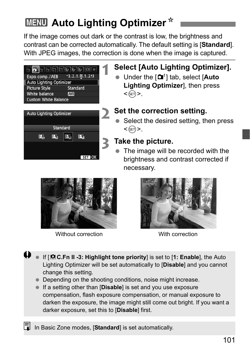 Auto lighting optimizer, 3auto lighting optimizer n | Canon EOS 60D User Manual | Page 101 / 320