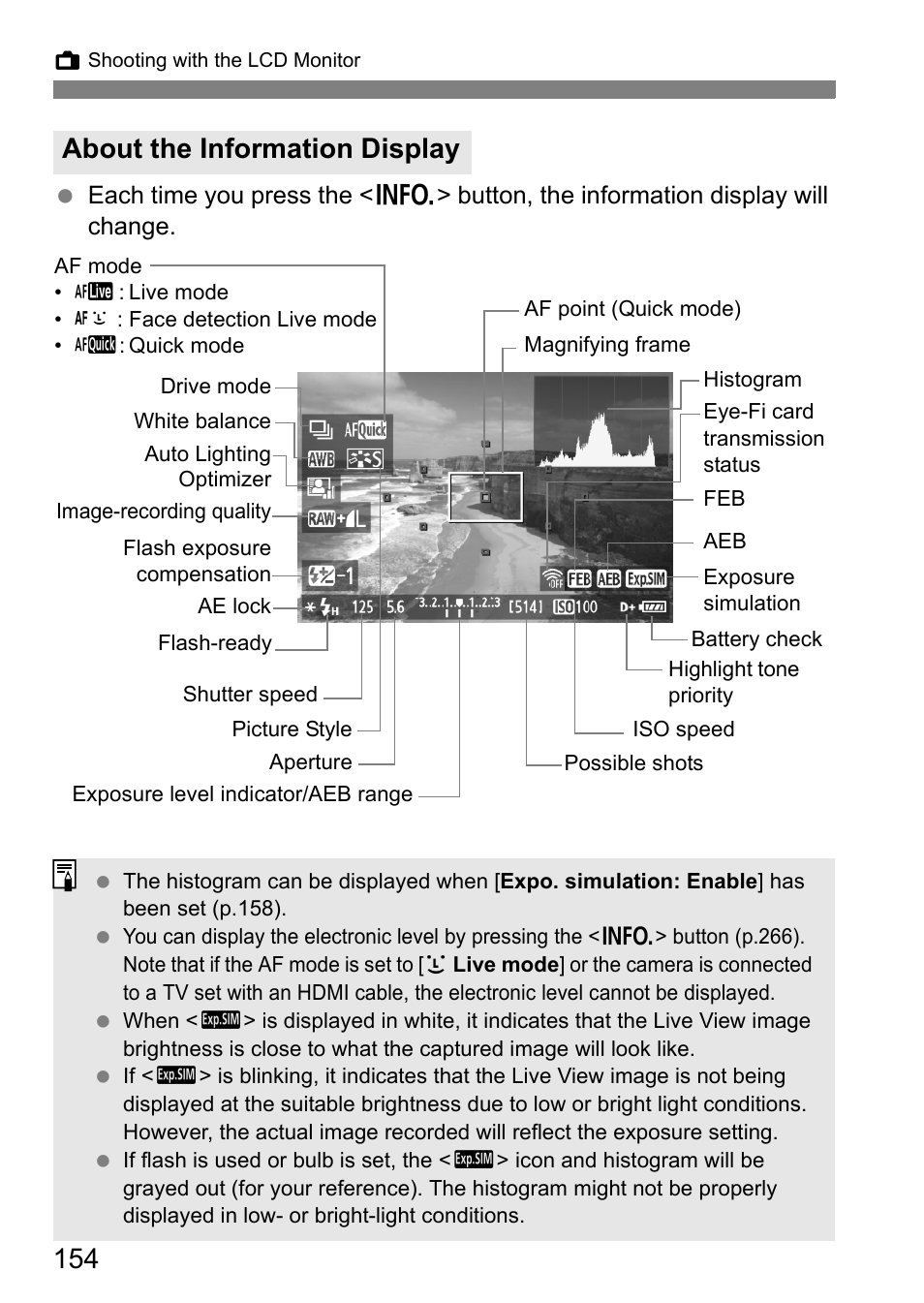 About the information display | Canon EOS 60D User Manual | Page 154 / 320