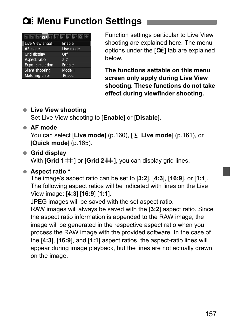 Menu function settings, Z menu function settings | Canon EOS 60D User Manual | Page 157 / 320