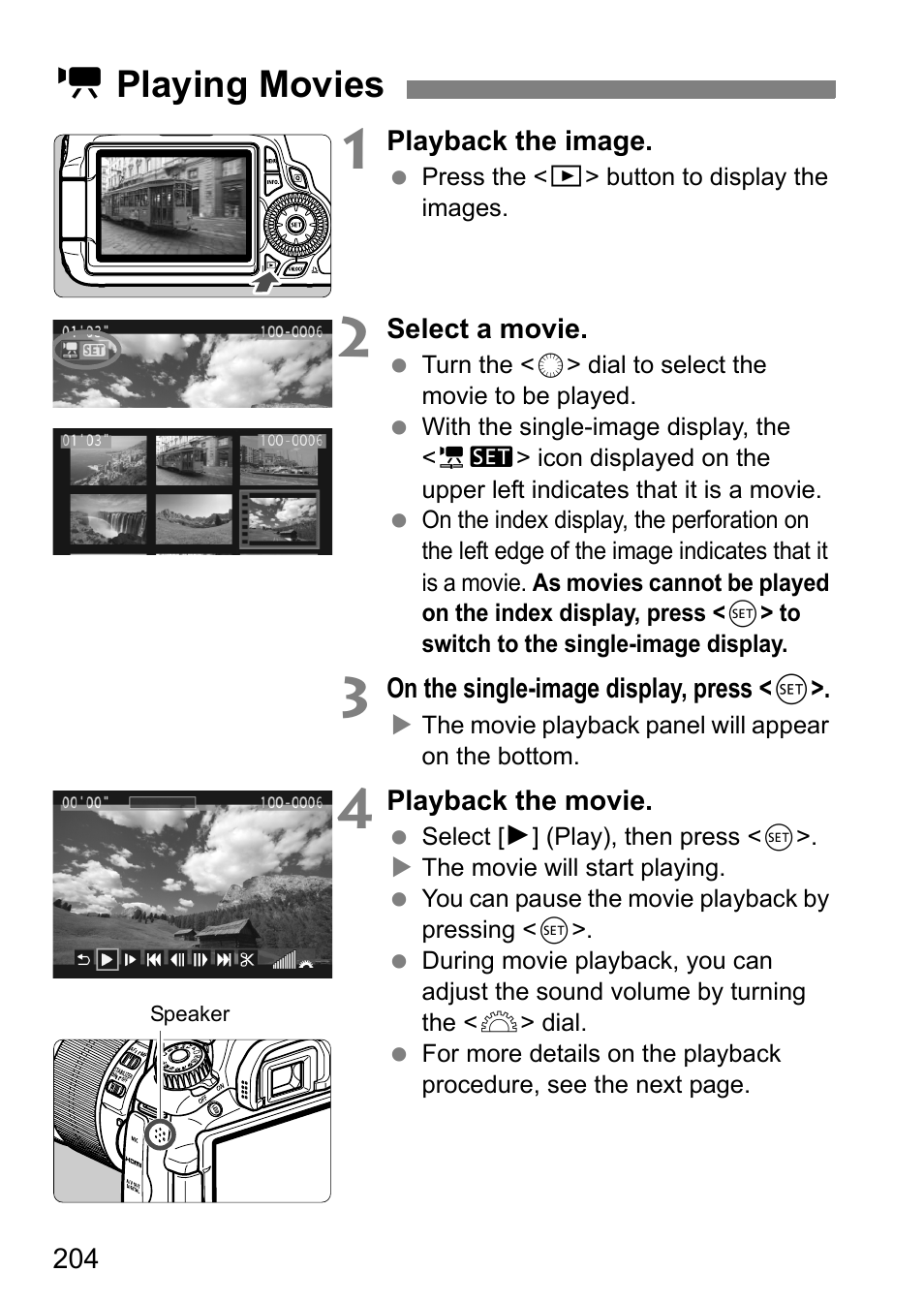 Playing movies, K playing movies | Canon EOS 60D User Manual | Page 204 / 320