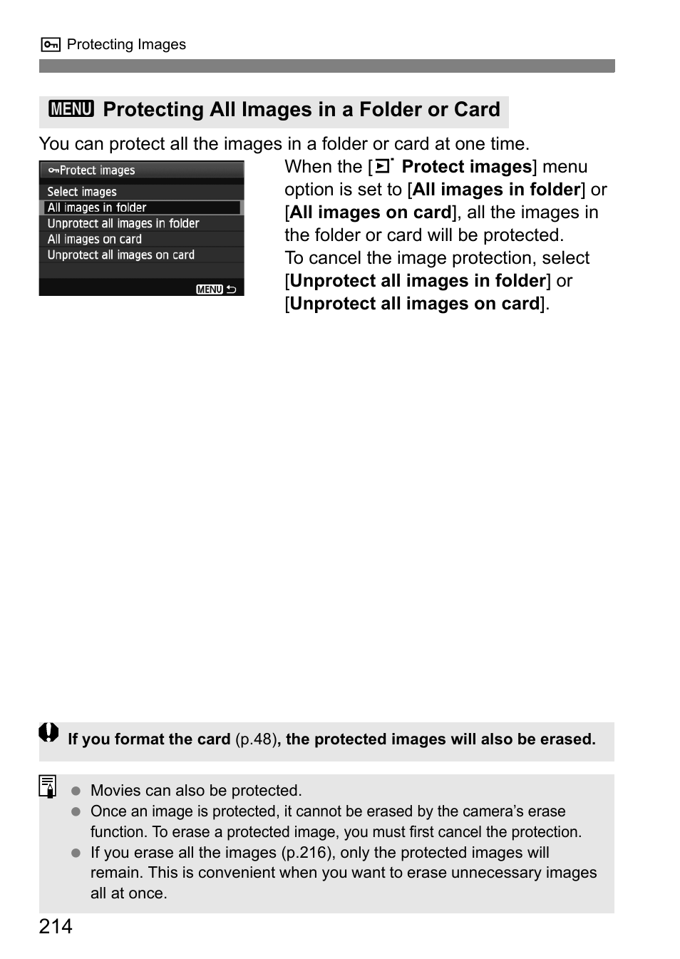 3protecting all images in a folder or card | Canon EOS 60D User Manual | Page 214 / 320