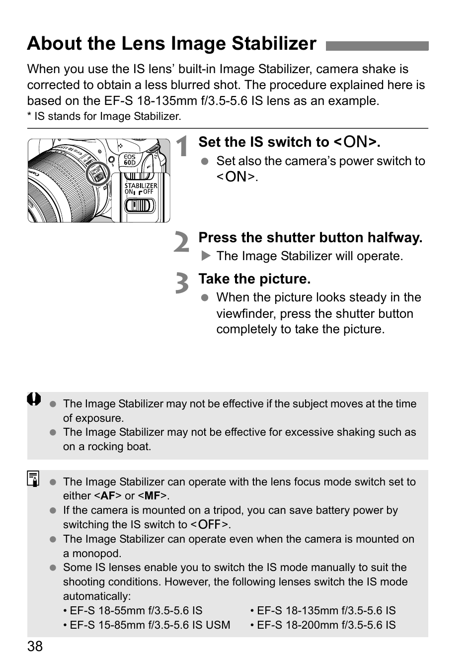 About the lens image stabilizer | Canon EOS 60D User Manual | Page 38 / 320