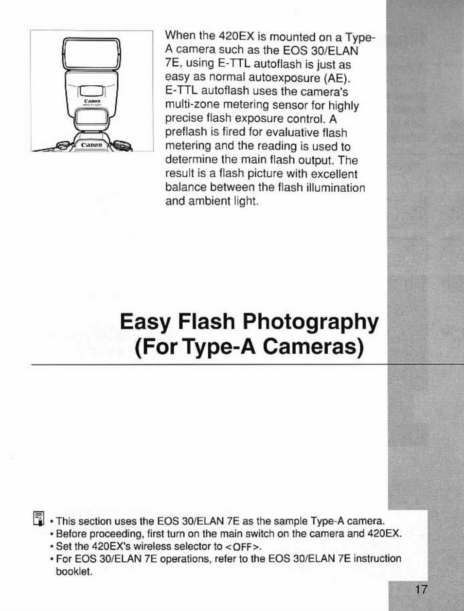 Easy flash photography (fortype-a cameras) | Canon Speedlite 420EX User Manual | Page 17 / 56