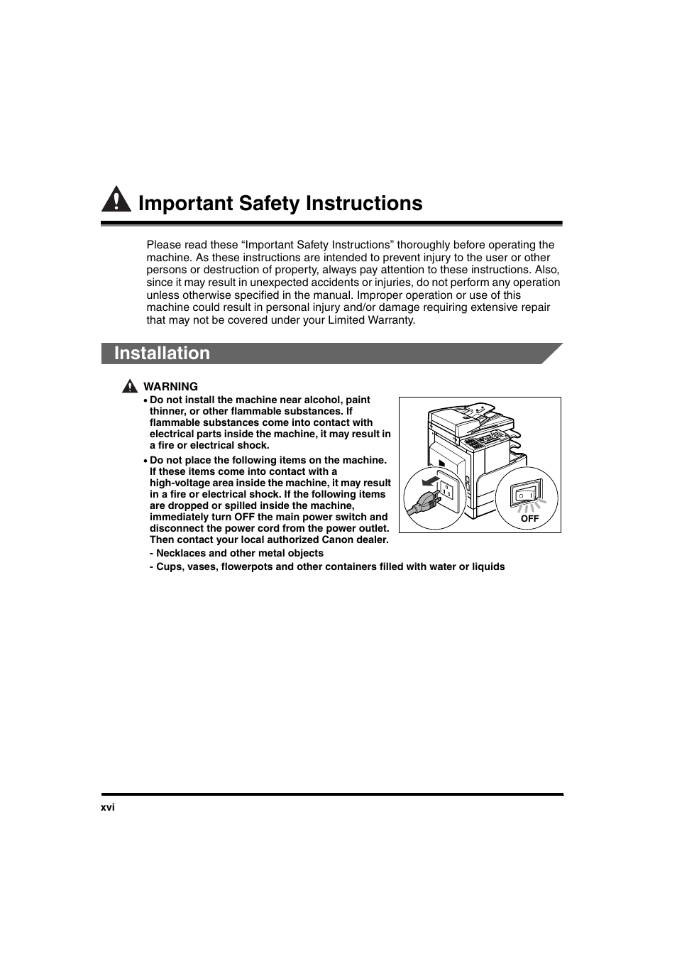 Important safety instructions, Installation | Canon iR 2016 User Manual | Page 18 / 92