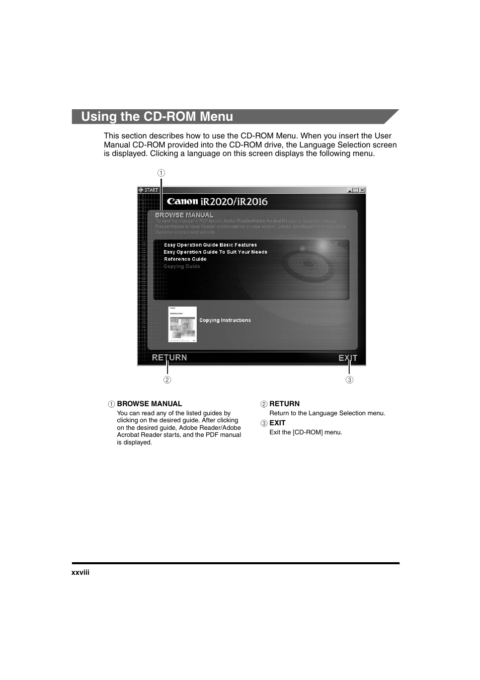Using the cd-rom menu | Canon iR 2016 User Manual | Page 30 / 92