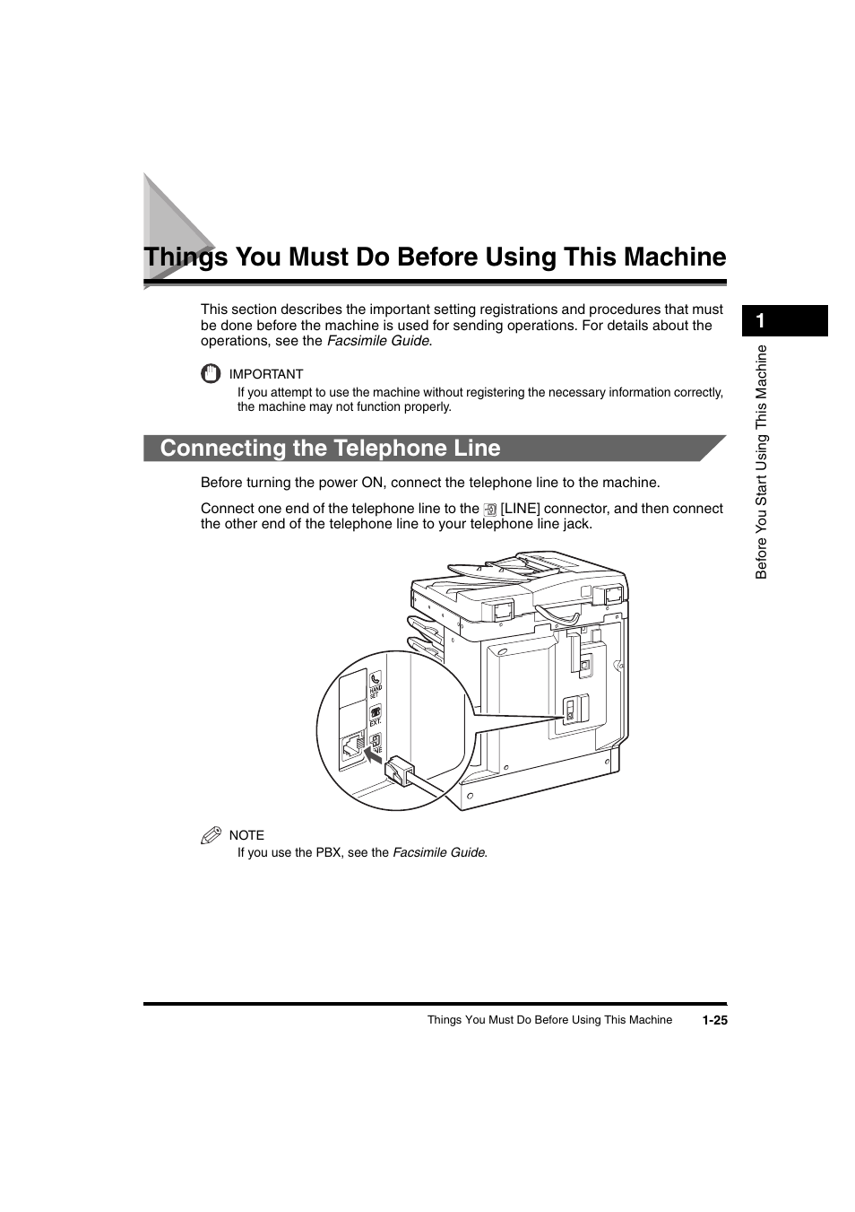 Things you must do before using this machine, Connecting the telephone line, Things you must do before using this machine -25 | Connecting the telephone line -25 | Canon iR 2016 User Manual | Page 55 / 92