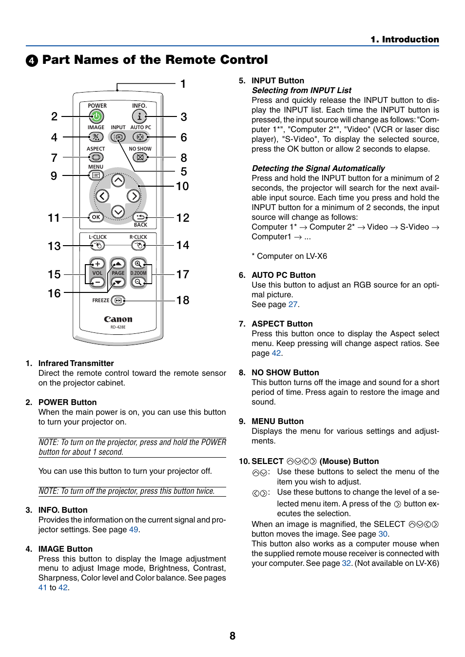 4) part names of the remote control, ᕤ part names of the remote control | Canon LV-X6 User Manual | Page 17 / 77
