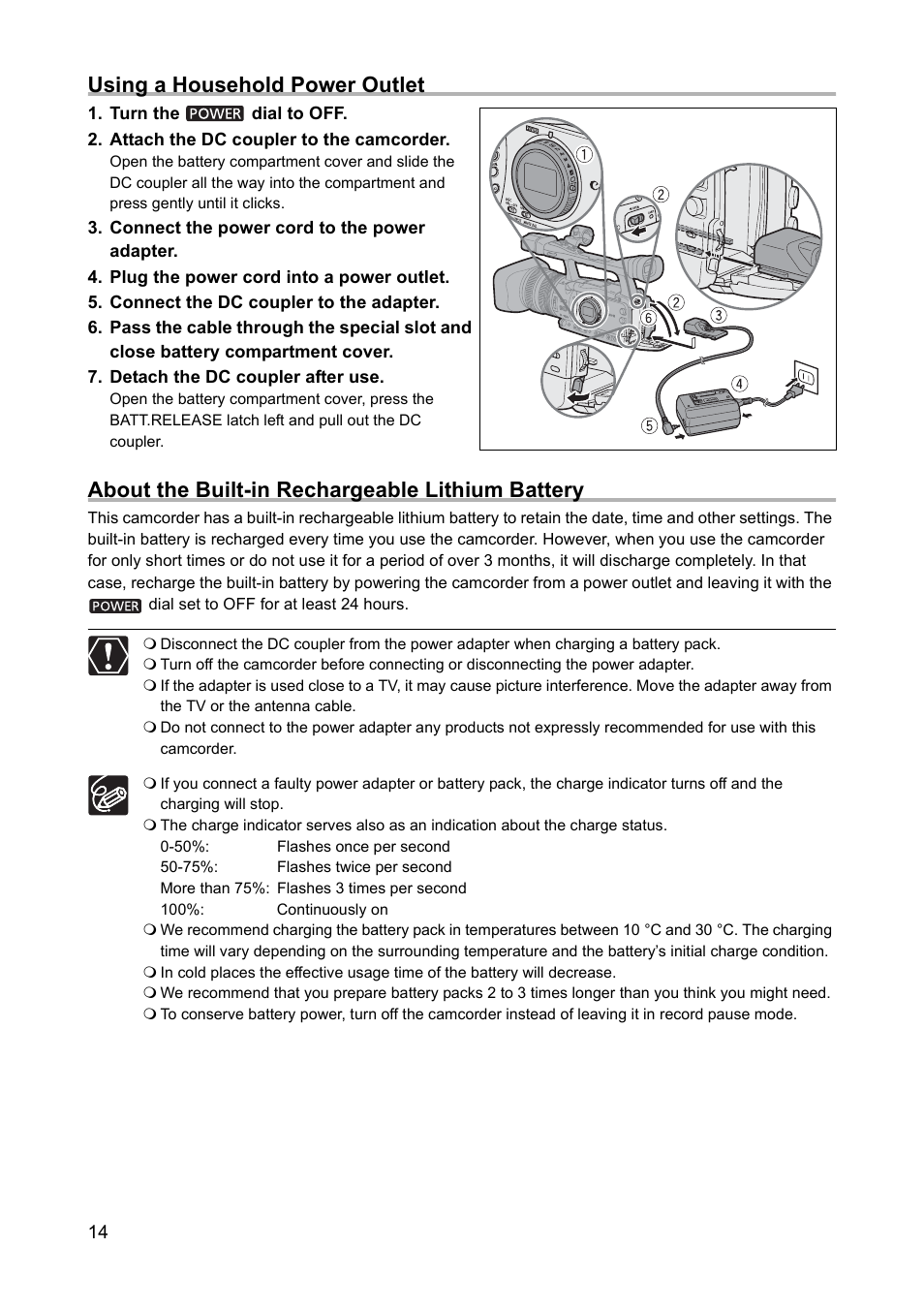 Using a household power outlet, About the built-in rechargeable lithium battery | Canon XH A1 User Manual | Page 14 / 159