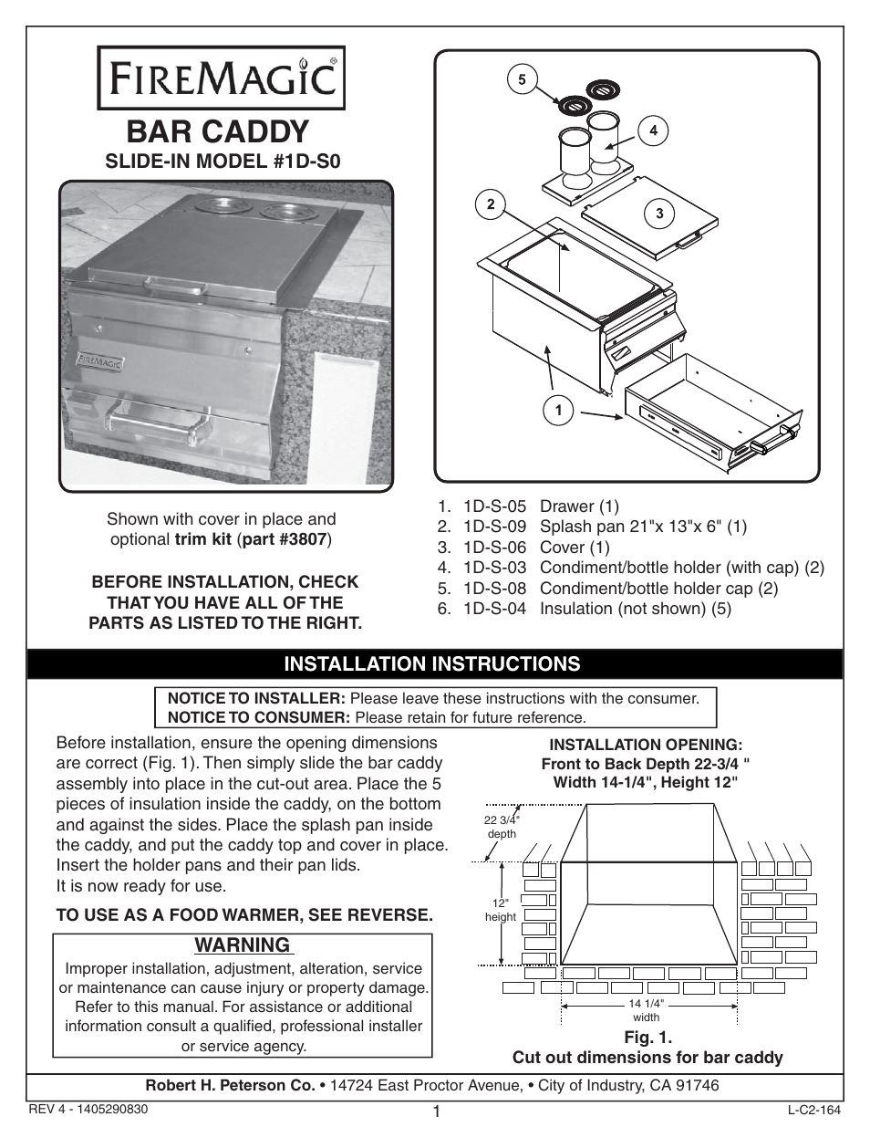 Fire Magic 1D-S0 Bar Caddy User Manual | 2 pages