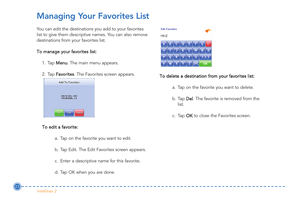 Managing your favorites list | Intellinav 2 User Manual | Page 25 / 52