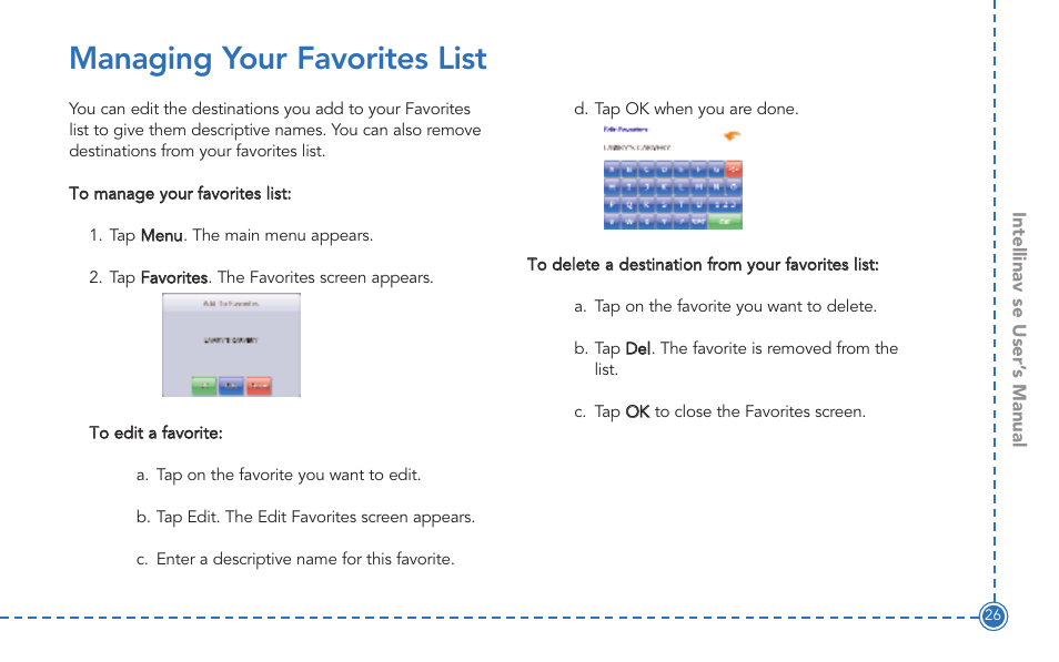Managing your favorites list | Intellinav SE User Manual | Page 28 / 60