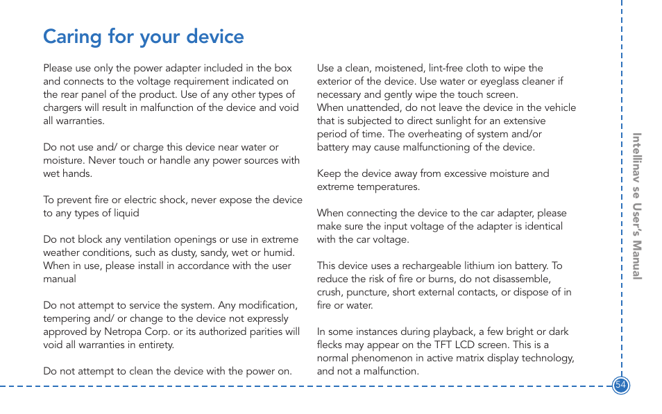 Caring for your device | Intellinav SE User Manual | Page 56 / 60