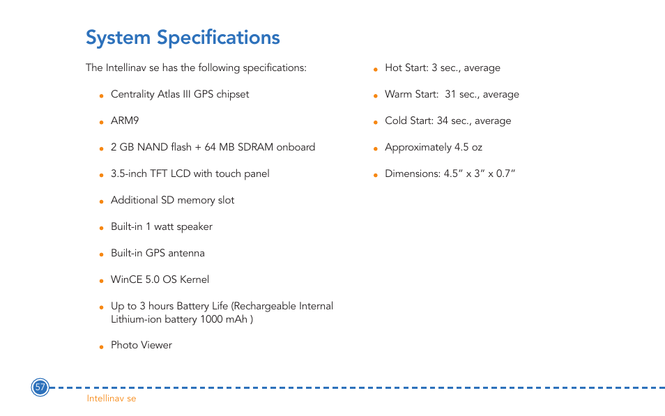 System specifications | Intellinav SE User Manual | Page 59 / 60