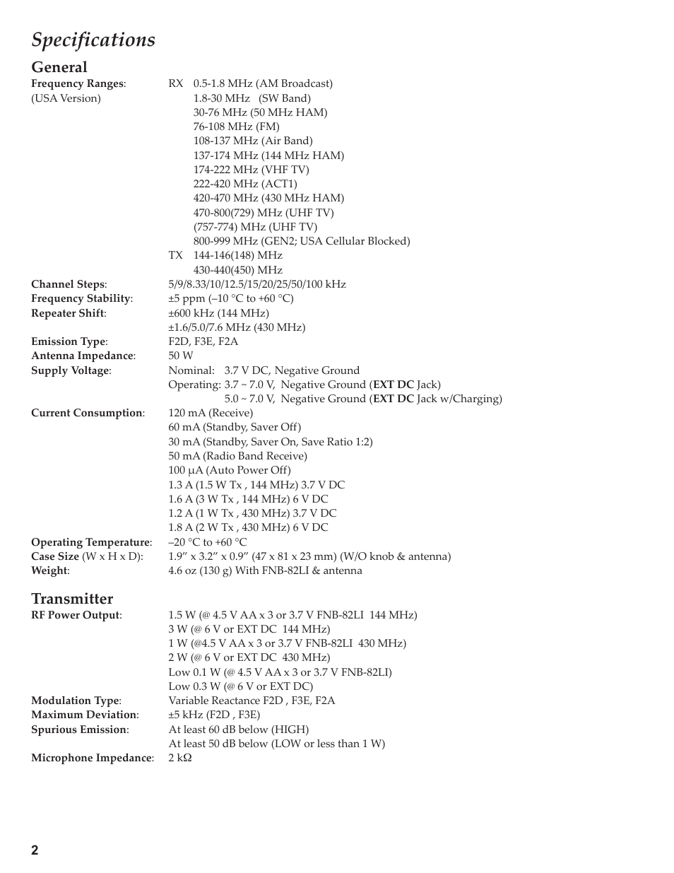 Specifications, General, Transmitter | Yaesu VX-3R Сервис-мануал User Manual | Page 2 / 44