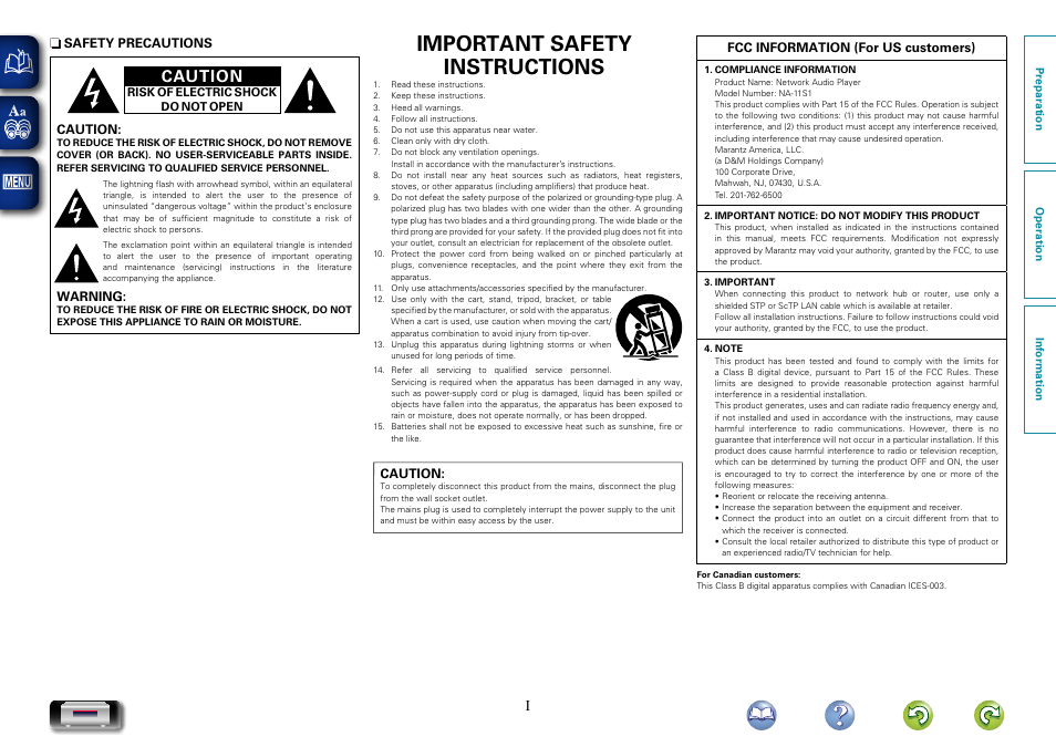 Important safety instructions, Caution | Marantz NA-11S1 User Manual | Page 2 / 65