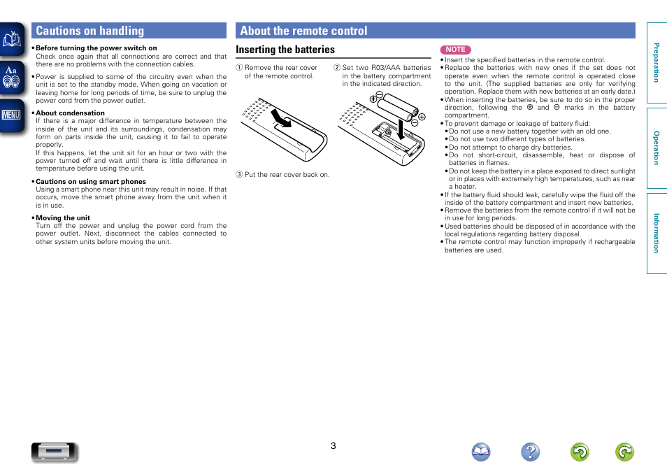 Cautions on handling, About the remote control, Inserting the batteries | Marantz NA-11S1 User Manual | Page 6 / 65
