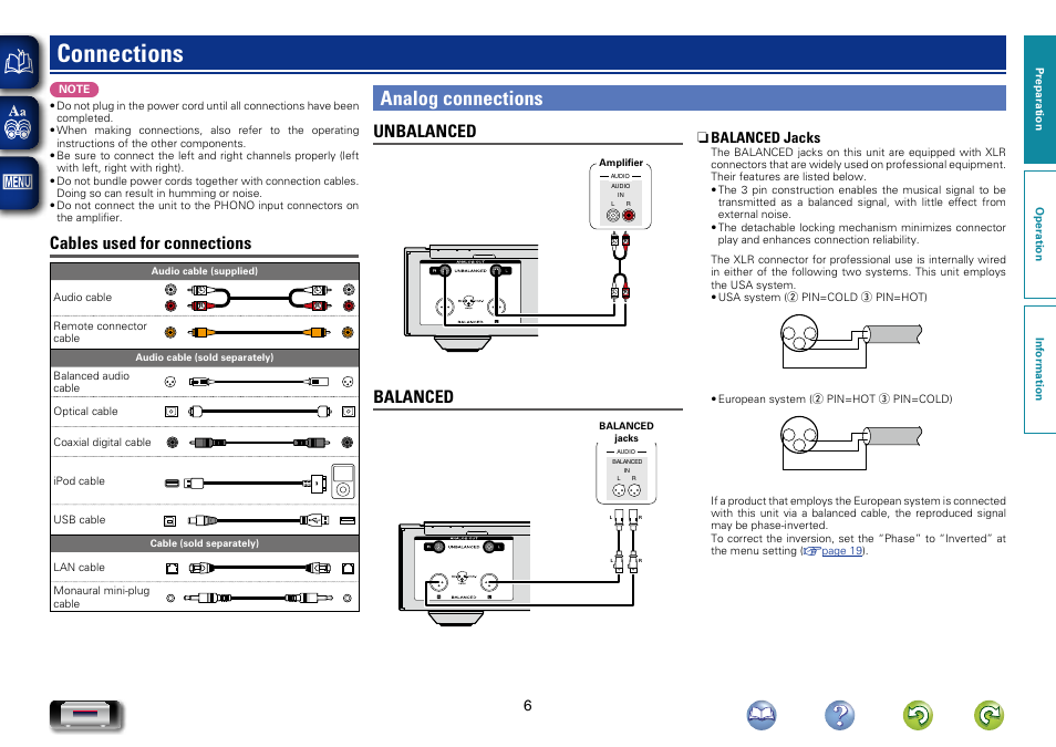 Connections, Analog connections, Cables used for connections | Unbalanced, Balanced, N balanced jacks | Marantz NA-11S1 User Manual | Page 9 / 65