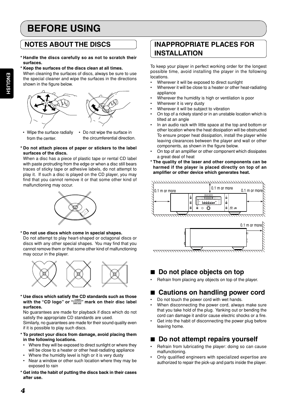 Before using, Inappropriate places for installation, 7 do not place objects on top | 7 cautions on handling power cord, 7 do not attempt repairs yourself | Marantz SA-11S1 User Manual | Page 9 / 29