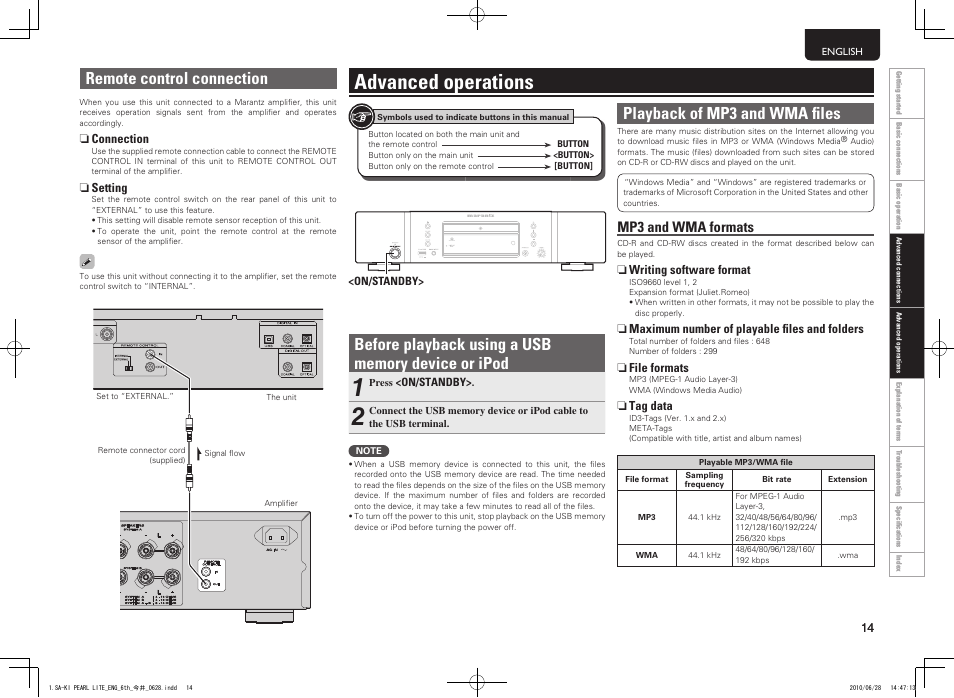Advanced operations, Remote control connection, Playback of mp3 and wma fi les | Mp3 and wma formats | Marantz SA-KI Pearl Lite User Manual | Page 19 / 36