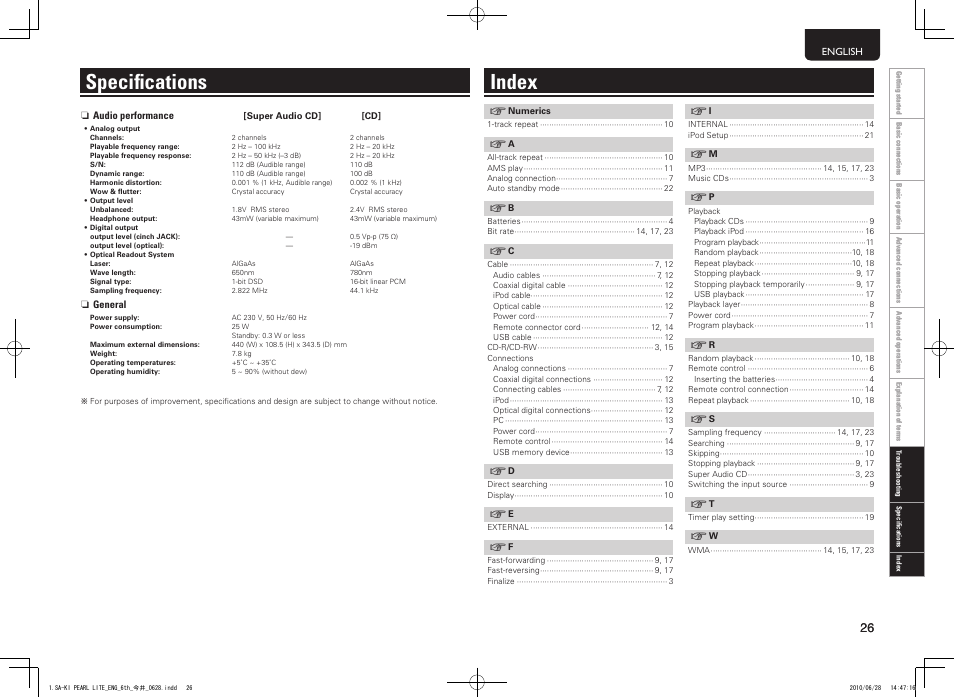 Specifications index | Marantz SA-KI Pearl Lite User Manual | Page 31 / 36