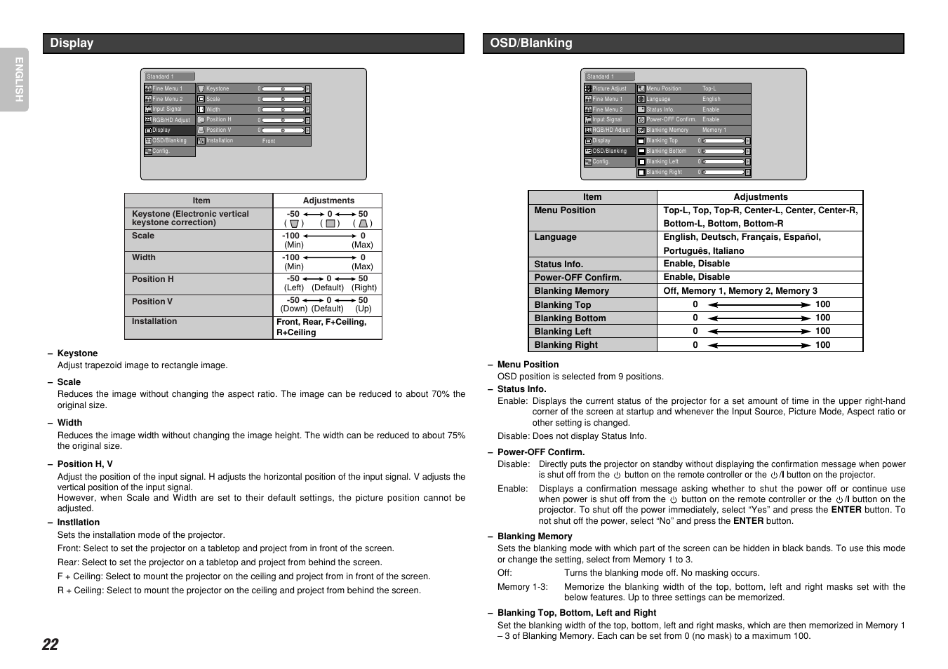 Display, Osd/blanking | Marantz VP-12S4 User Manual | Page 28 / 37