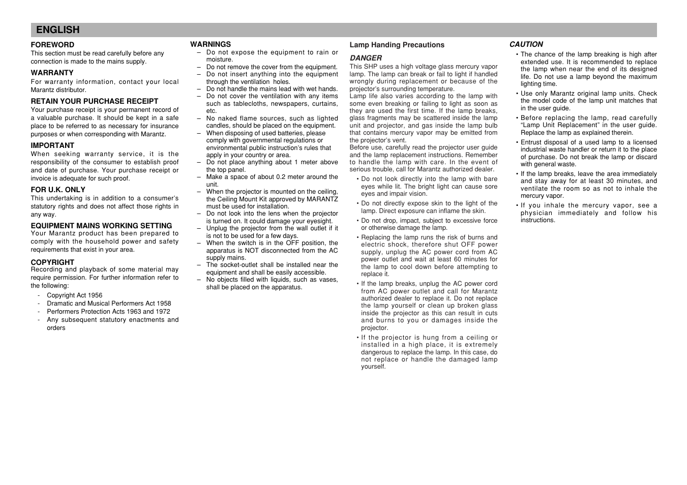 English | Marantz VP-12S4 User Manual | Page 3 / 37