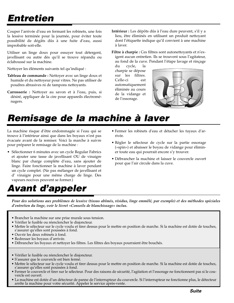 Remisage de la machine à laver, Entretien avant d’appeler | Maytag LAT2500AAE User Manual | Page 17 / 28