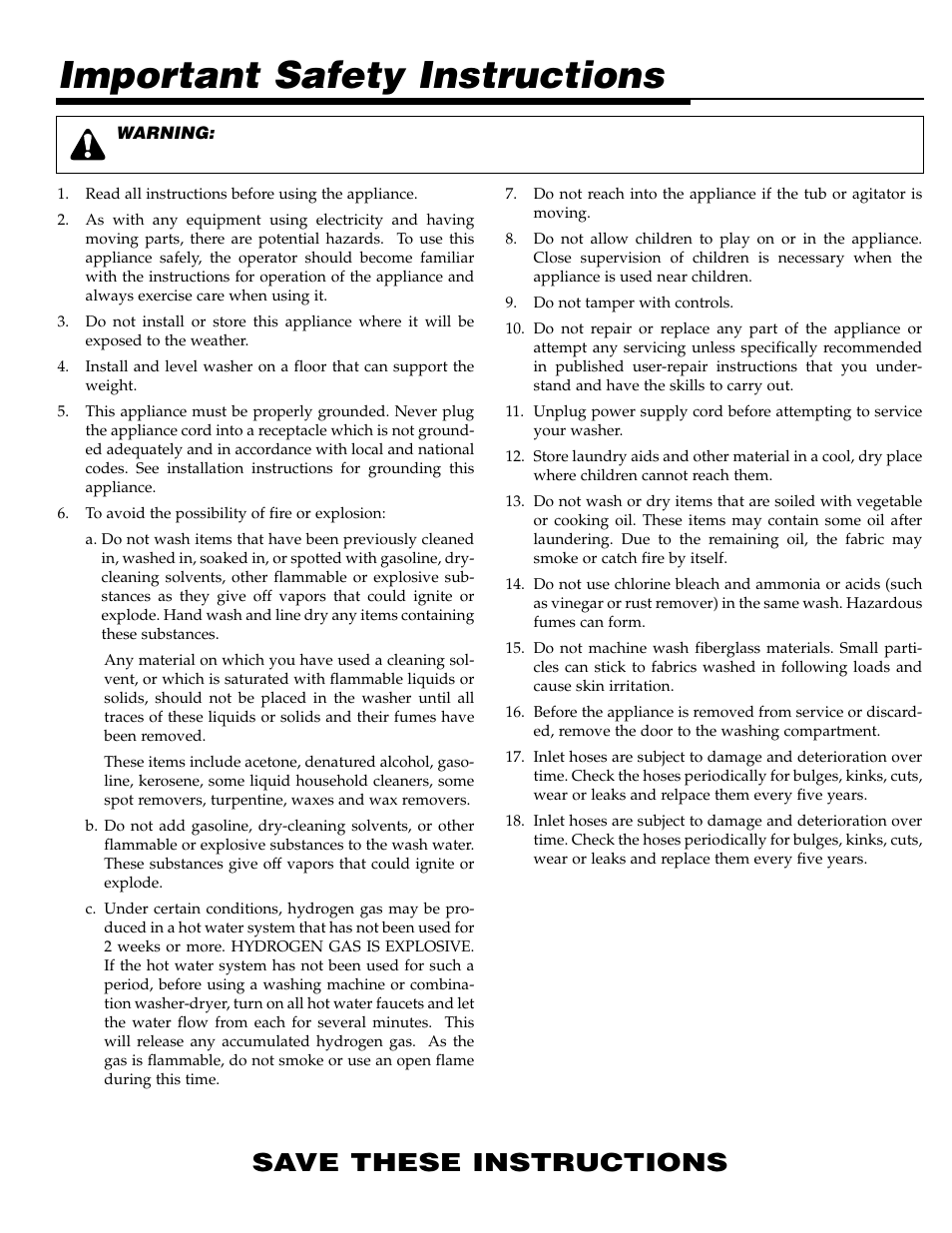 Important safety instructions, Save these instructions | Maytag LAT2500AAE User Manual | Page 2 / 28